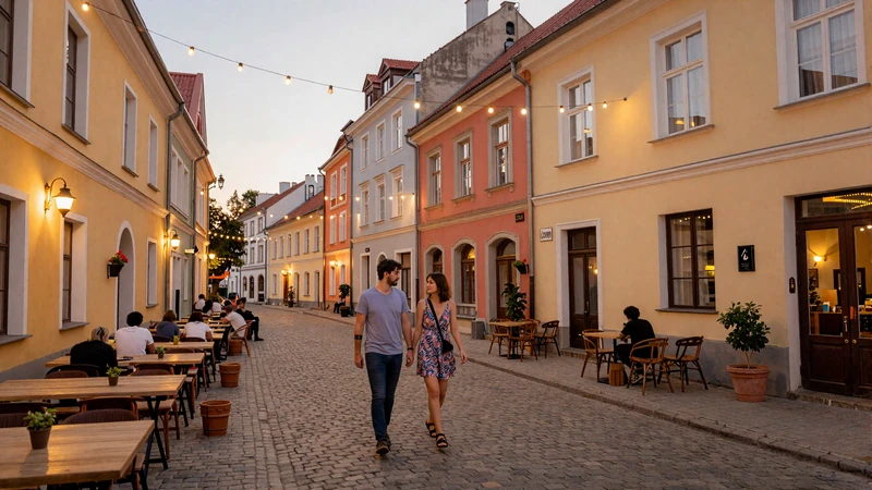 Vilnius Užupis district evening scene with cobblestone streets and cafe terraces - romantic dating destination in Lithuania