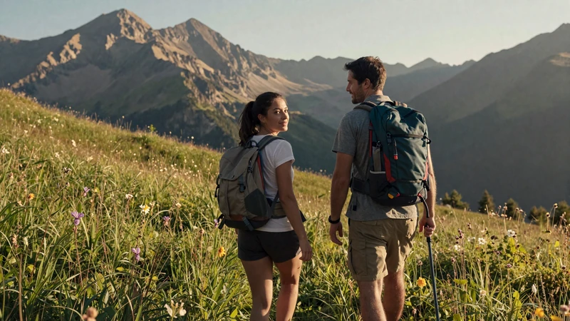 Couple hiking in the Andorran Pyrenees mountains - outdoor dating experiences in Andorra's alpine landscape