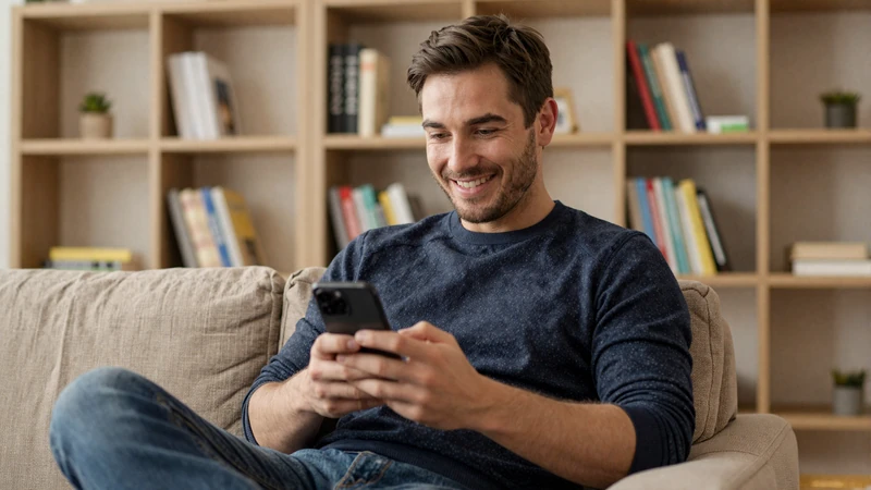 Man browsing a dating app for serious relationships on his phone in a modern apartment