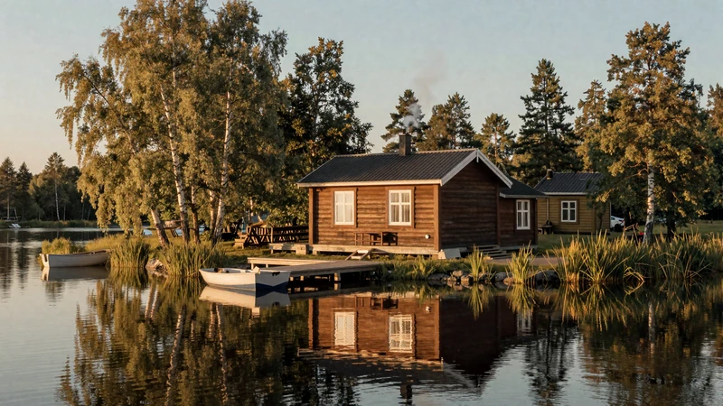 Traditional Finnish lakeside cottage mökki at midsummer midnight sun - romantic setting for Finnish dating culture