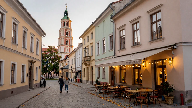 Charming Vilnius Old Town street with Baroque architecture and warm lights - romantic Eastern European dating destination