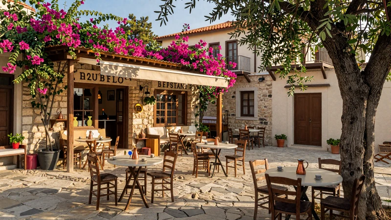 Traditional Cypriot kafenio coffeehouse in a village square with copper briki and Mediterranean ambiance - social heart of Cypriot dating culture