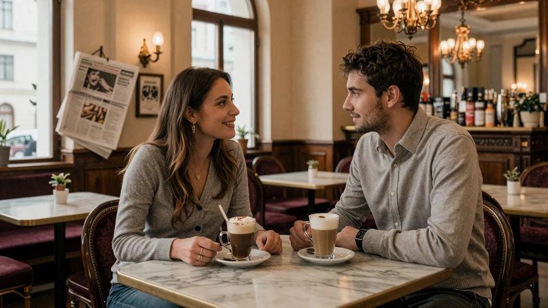 American man and Austrian woman enjoying a Melange in a traditional Viennese coffeehouse - authentic Austrian dating experience