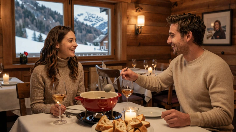 American man and Swiss woman enjoying fondue dinner at a cozy Alpine chalet - authentic Swiss dating experience
