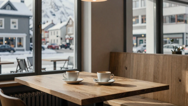 Cozy Scandinavian cafe with two coffee cups on wooden table - typical fika first date setting in Nordic dating culture