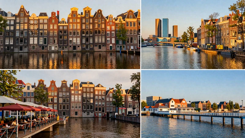 Dutch dating destinations - Amsterdam canals, Rotterdam skyline, Utrecht terraces, and The Hague beach for meeting Netherlands singles