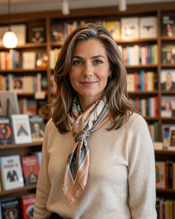 Elegant mature French woman browsing books in a Parisian bookshop - example of cultured European women on dating platforms