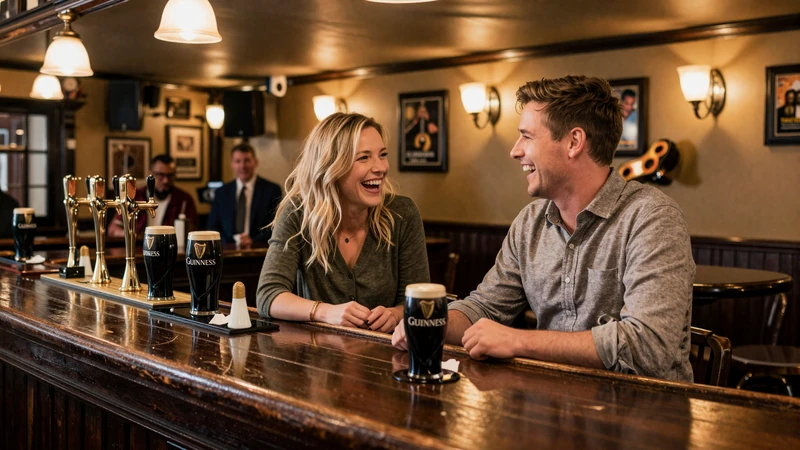American man and Irish woman laughing together in a traditional Irish pub - authentic Ireland dating experience