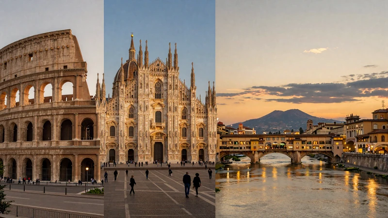 Italian dating destinations - Rome Colosseum, Milan fashion district, Florence Ponte Vecchio, and Naples seafront for meeting Italian singles