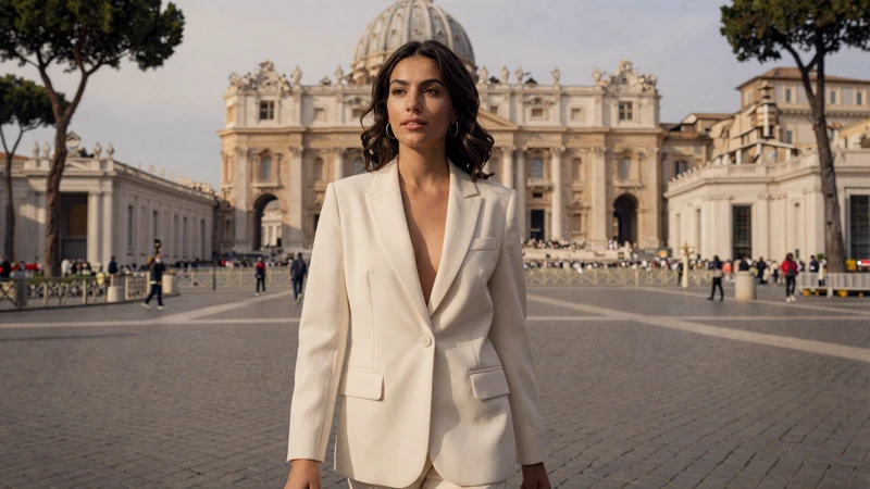 Stylish Italian woman walking through a Roman piazza near Vatican City - authentic Vatican area dating experience