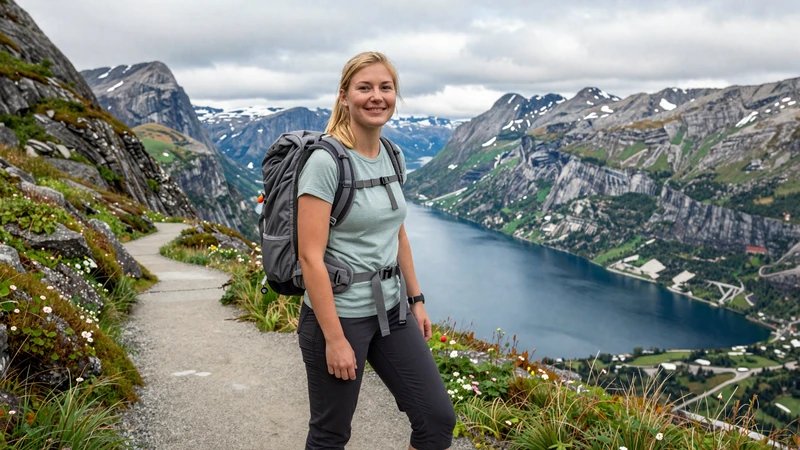 Norwegian woman hiking along a dramatic fjord trail in Norway - authentic Norwegian dating and friluftsliv culture