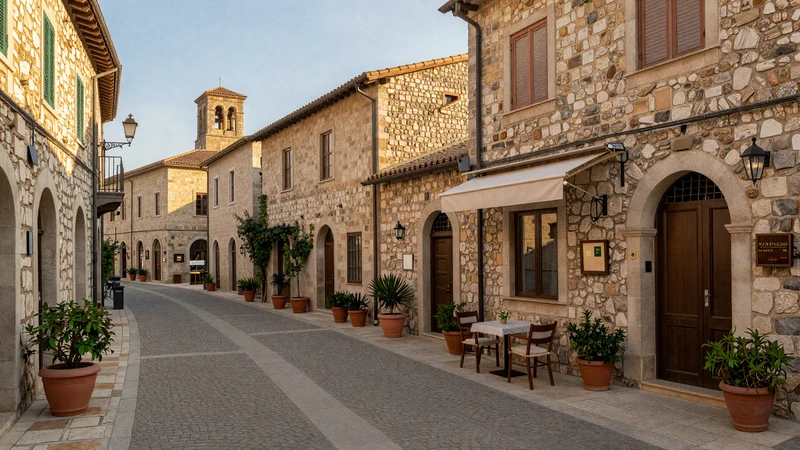Historic cobblestone street in San Marino's medieval center with terracotta rooftops and outdoor cafe - authentic San Marinese dating atmosphere