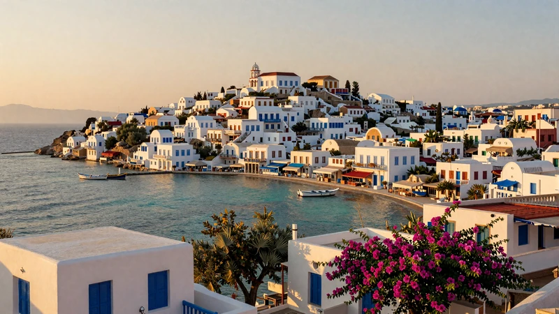 Scenic Greek island coastal town with whitewashed buildings and turquoise harbor - popular Greek dating destinations for meeting singles