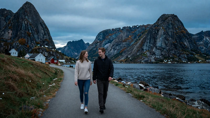 Couple walking along a Norwegian fjord at dusk - romantic outdoor date reflecting Norwegian dating culture