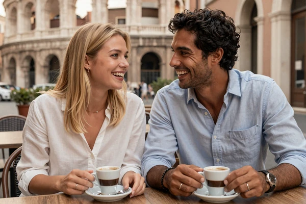 Jessica and Marco, American-Italian couple who met through DatingHelpBlog, at a cafe in Rome