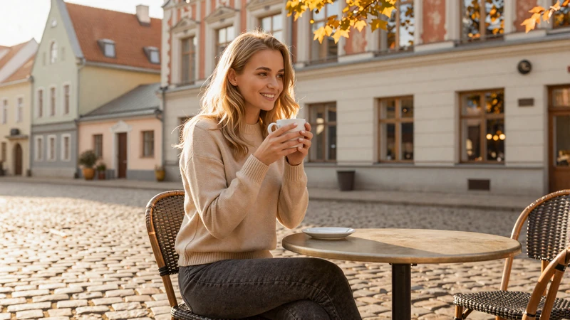 Young Latvian woman enjoying coffee at an outdoor cafe in Riga Old Town with Art Nouveau architecture - authentic Latvian dating experience