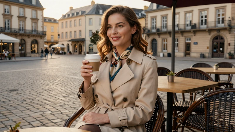 Luxembourg woman enjoying coffee at an elegant terrace in Place Guillaume Luxembourg City - authentic Luxembourg dating experience
