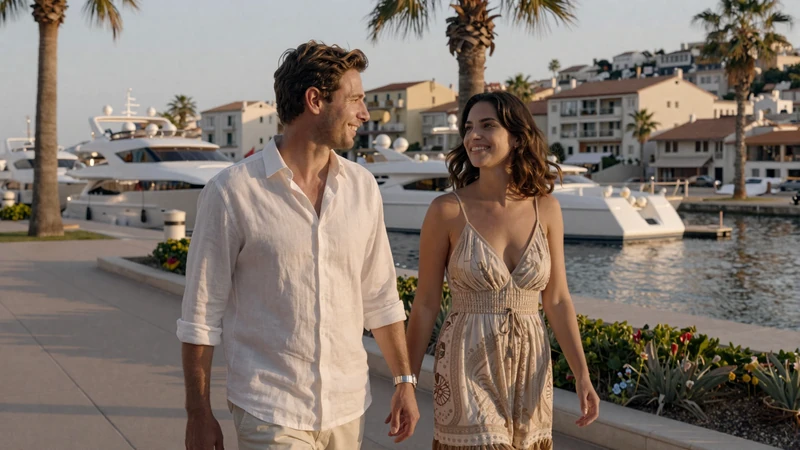 Couple enjoying a romantic walk along Monaco harbor at golden hour - authentic Monacan dating experience