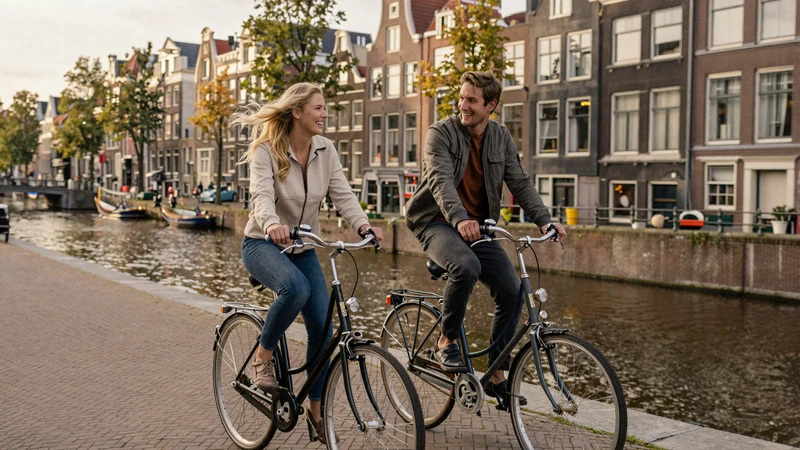Couple cycling together along Amsterdam canal - authentic Dutch bicycle date experience for Netherlands dating