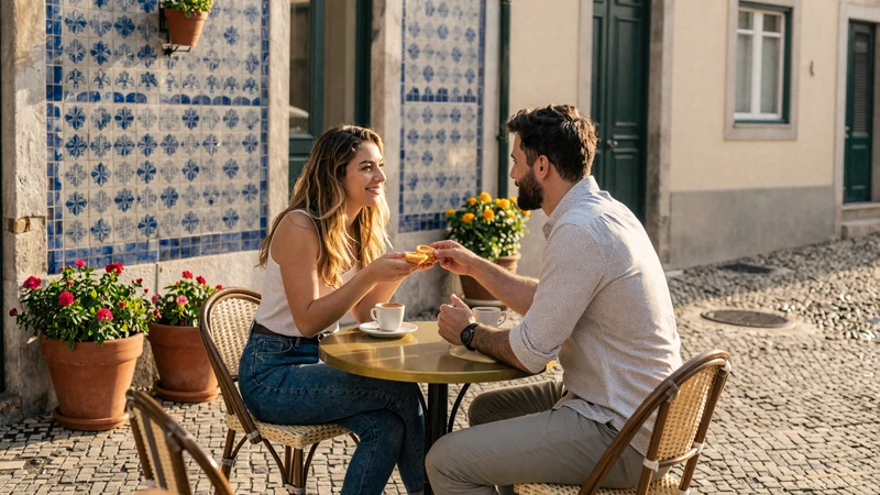 American man and Portuguese woman sharing pastéis de nata at a Lisbon café terrace - authentic Portuguese dating experience