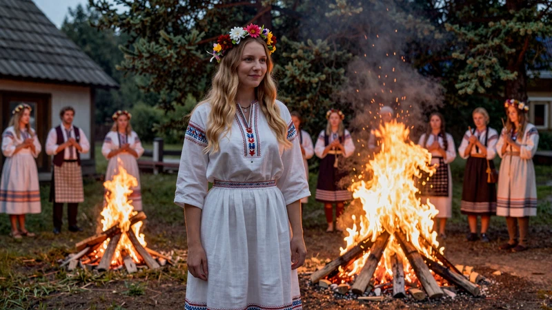 Traditional Latvian Midsummer Jāņi celebration with bonfire and flower wreaths - romantic cultural dating tradition in Latvia