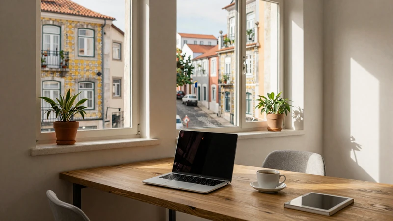 Cozy European apartment in Lisbon with laptop and warm sunlight - ideal setting for American digital nomad relocating for love