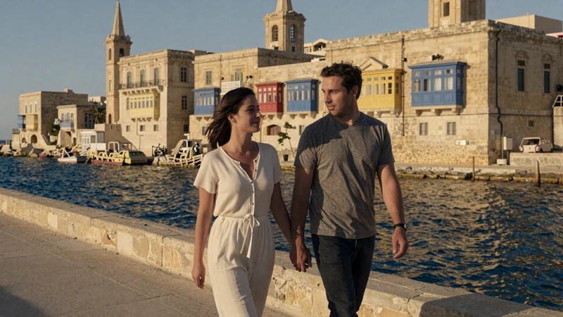 American man and Maltese woman walking together along the Valletta waterfront in Malta - authentic Maltese dating experience