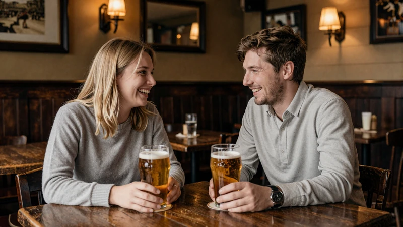 American man and British woman laughing together in a cozy London pub - authentic UK dating experience