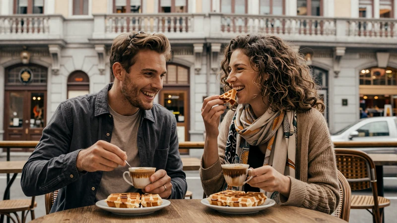 American man and Belgian woman enjoying a café terrace in Brussels - authentic Belgian dating experience