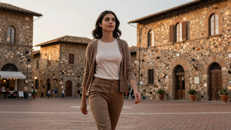 San Marinese woman walking through medieval town square at sunset - modern European dating culture in San Marino