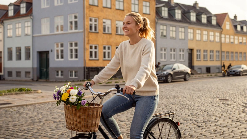 Danish woman cycling through colorful Copenhagen streets at golden hour - authentic Danish dating lifestyle