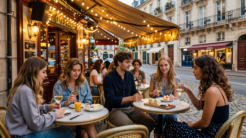 French friends enjoying apéritif at a Parisian café terrace - where most French relationships naturally begin