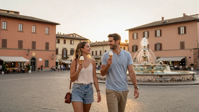 American man and European woman walking through Italian piazza at sunset - international couple dating in Europe