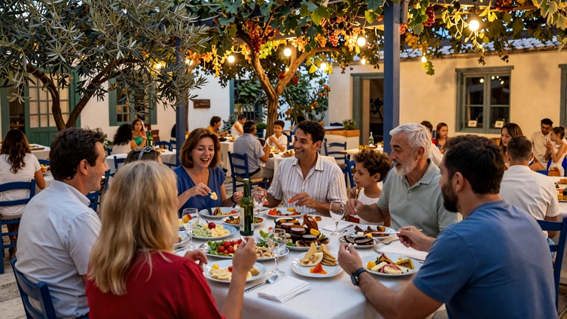 Greek family gathering at outdoor taverna in Athens sharing traditional meal - authentic Greek dating culture experience