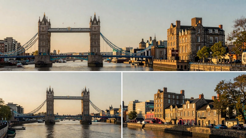 British dating destinations - London Tower Bridge, Manchester canals, Edinburgh Castle, and Bristol harbourside for meeting UK singles