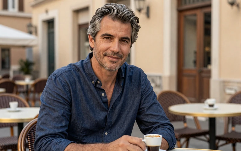 Distinguished mature American man enjoying espresso at a European café - ideal dating profile photo for men over 50