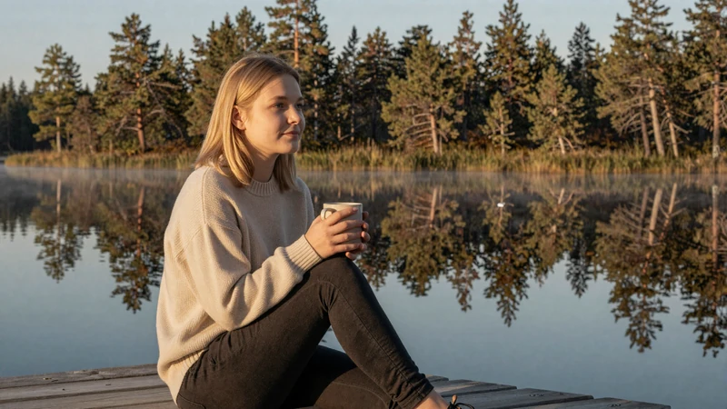 Finnish woman enjoying a quiet lakeside moment in Finland - authentic Finnish dating culture and nature connection