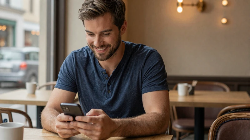 American man composing a thoughtful first message to a European woman on his dating app at a cozy cafe