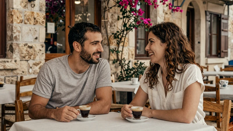 American man and Cypriot woman sharing traditional Cypriot coffee at an outdoor cafe in old Nicosia - authentic Cypriot dating experience