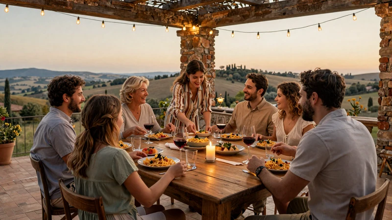 Italian family gathering for Sunday dinner on a Tuscan terrace - authentic Italian dating culture with family involvement