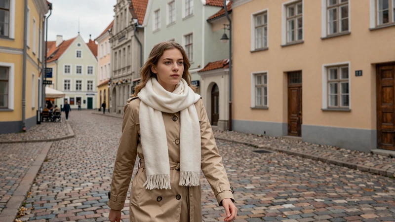 Young Estonian woman walking through Tallinn Old Town cobblestone streets - medieval European charm meets modern dating culture