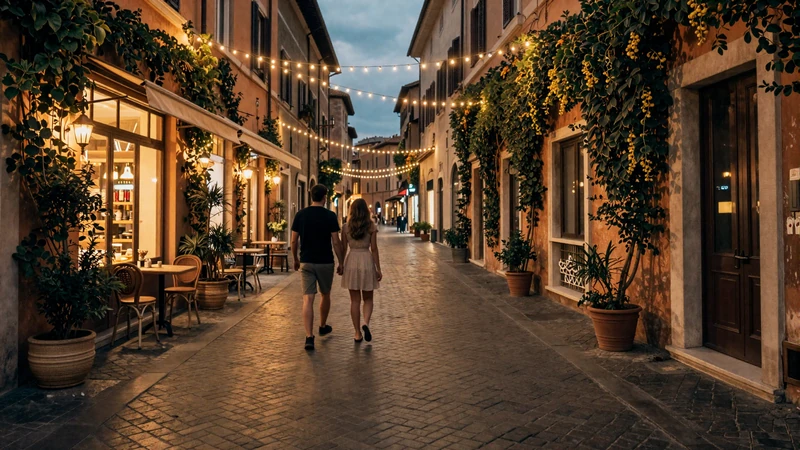 Romantic evening street scene in Trastevere Rome near Vatican City - Italian dating culture and passeggiata tradition