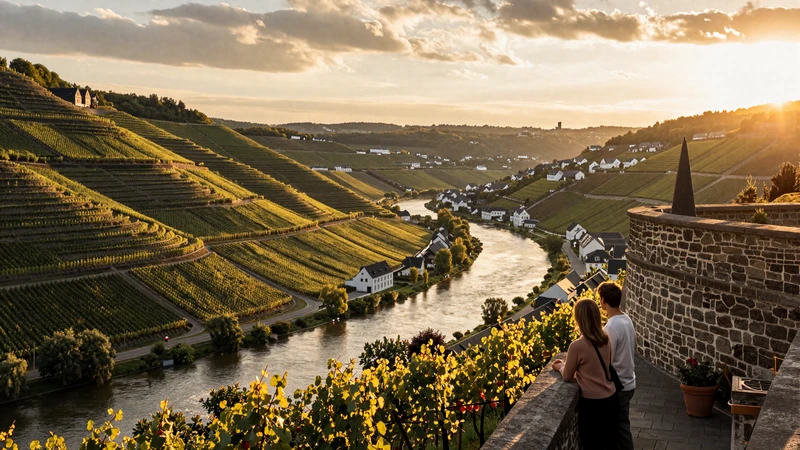 Romantic Moselle Valley vineyards in Luxembourg at sunset - ideal wine country dating experience for couples